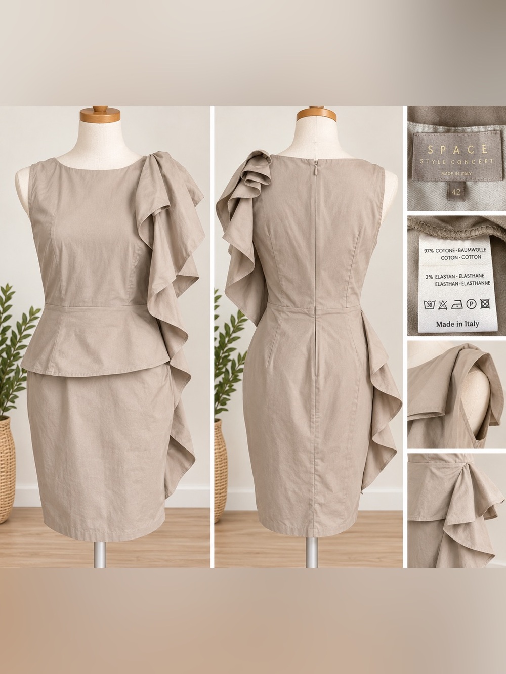 Space Style Concept Italy Asymmetrical Ruffle Dress 42 Cotton Stretch